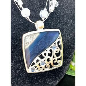 KC Blue Beaded Wire Wrapped Pendant Necklace 18-20" Silver Tone Statement